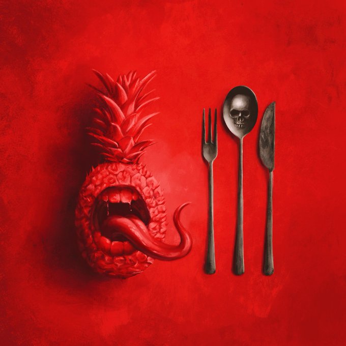 A red-themed surrealist artwork featuring a pineapple carved into a screaming mouth with a long tongue, placed next to a fork, a spoon with a skull design, and a knife on a red background.