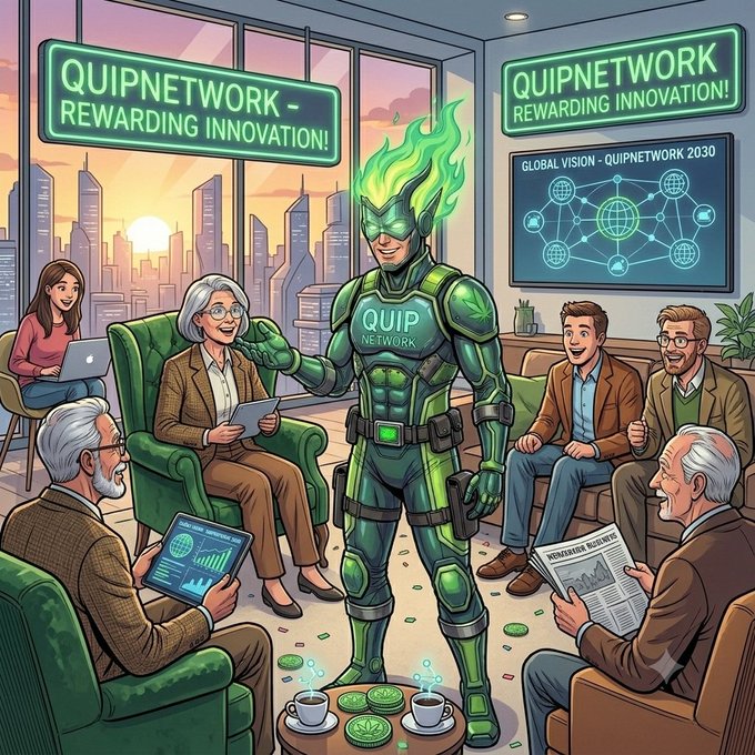 A green-suited superhero figure branded with "QUIP NETWORK" stands center-stage in a futuristic office, surrounded by professionals reviewing tablets and newspapers while banners declare "QUIPNETWORK REWARDING INNOVATION!" and a screen displays "GLOBAL VISION - QUIPNETWORK 2030"—visually symbolizing QuipNetwork's bold step into quantum job submissions and infrastructure maturity in v0.2.1.