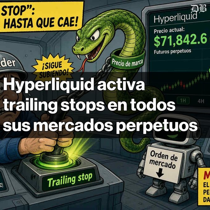 A cartoon-style illustration showing a snake on a trading platform with Spanish text reading "STOP": HASTA QUE CAE! and "Hyperliquid activa trailing stops en todos sus mercados perpetuos", depicting Hyperliquid activating trailing stops on perpetual markets.