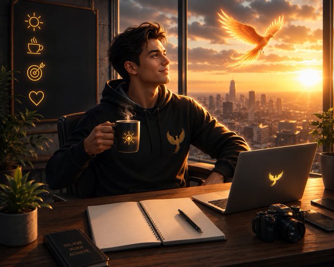 Illustration of a young man holding a steaming mug while looking out a window at a city skyline at sunset, with a phoenix flying outside and a laptop on his desk.