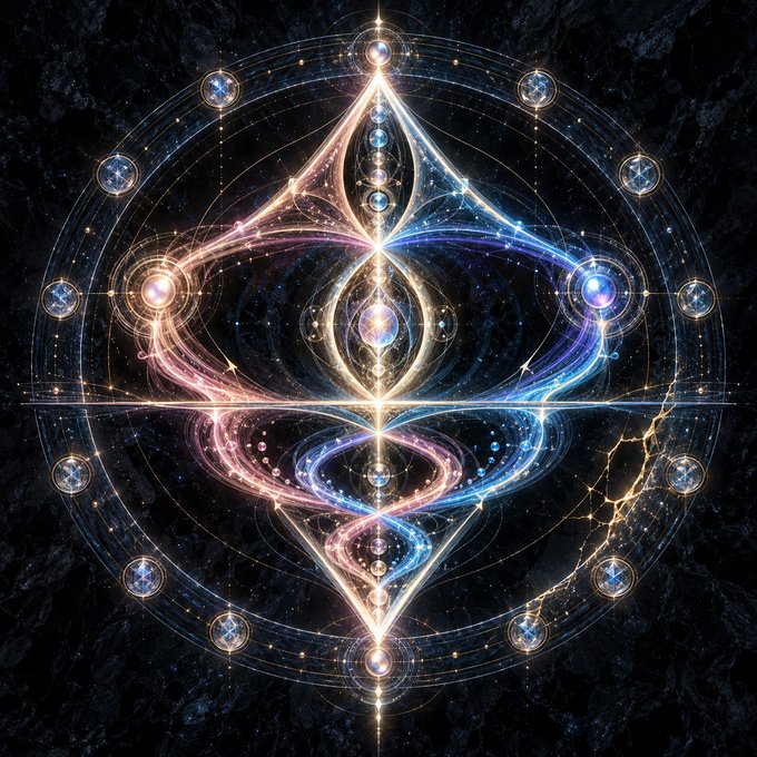 A mystical symmetrical mandala featuring intertwining ribbons of blue, pink, and gold light with celestial orbs arranged in a diamond pattern against a dark cosmic background.