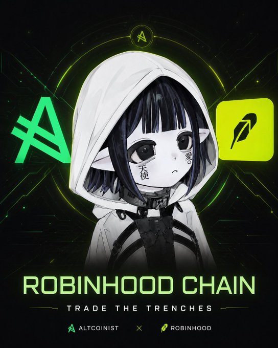 An advertisement for 'Robinhood Chain' featuring a black and white anime-style character with Japanese characters '天使' (angel) and '愛' (love) on their face, with the tagline 'TRADE THE TRENCHES' and logos for Altcoinist and Robinhood.
