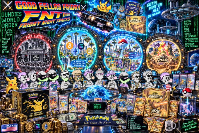 A vibrant, chaotic digital advertisement promotes 'Good Fellas Friday FNT Friday Night Tracks' featuring Dundies World Order crypto collectibles, Pokémon 30th anniversary packs, and various meme tokens in a busy, neon-lit composition.