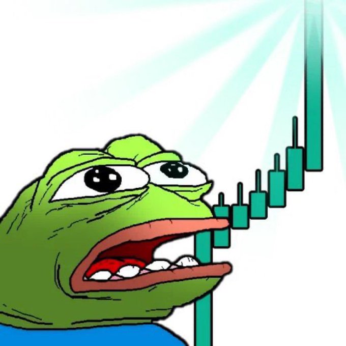A green Pepe the Frog meme character looks up with an open mouth at a rising green candlestick chart on a bright background.
