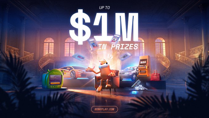 A promotional graphic for BONKplay displays "UP TO $1M IN PRIZES" above an animated mascot surrounded by luxury rewards including a Lamborghini and other cars in an opulent mansion setting, matching the announcement of their $1 million giveaway at BONKplay.com.