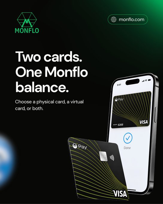 An advertisement for 'MONFLO' (monflo.com) reading 'Two cards. One Monflo balance.' next to an image of a smartphone and a Visa debit card.