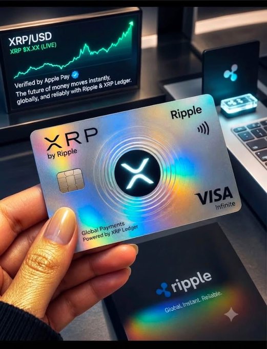A hand holds an XRP by Ripple Visa Infinite metal credit card with a holographic design featuring the XRP logo, displayed in front of a laptop screen showing an XRP/USD price chart and the Ripple logo.