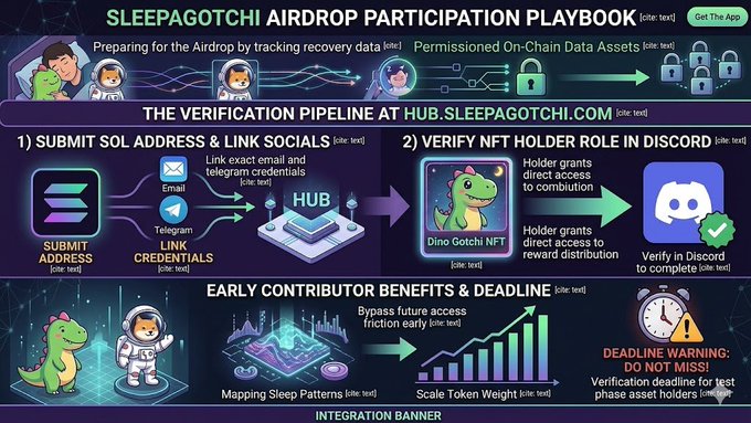 A Sleepagotchi air drop participation playbook, where a user has been tracking their recovery progress. The following steps are involved in this process, starting from submission of sol token to connecting sol wallet, data transfer into the official portal for verification, then accessing a hub address to link data with sleep health information and finally, transferring it onto sleep assets, which are now locked at hub address. A Dino gotchi nft is being used as an identifier during this process, which will be beneficial in tracking and managing sleep patterns and recovery progress effectively.