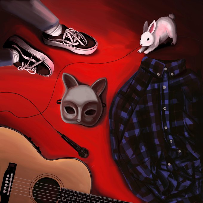 A painting with a red background featuring a pair of black and white Vans sneakers, a white rabbit, a white cat mask, a blue plaid shirt, and an acoustic guitar.