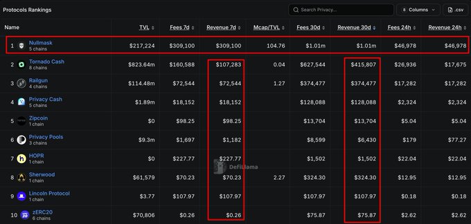 The image shows a "Protocols Rankings" table of privacy-focused cryptocurrency chains, with **Nullmask (5 chains)** ranked #1 with $309,100 in 7-day revenue, followed by Tornado Cash, Railgun, Privacy Cash, and others like Zcash, HOPR, Sherwood, and Lincoln Protocol.

The post highlights that despite $ZEC gaining $3 billion in market cap and $MASK leading privacy coin revenue rankings, the table visually emphasizes that **#1-ranked Nullmask generated $309,100 in fees and revenue**—shown in the red box—reinforcing the narrative that the privacy sector is in a strong upcycle.
