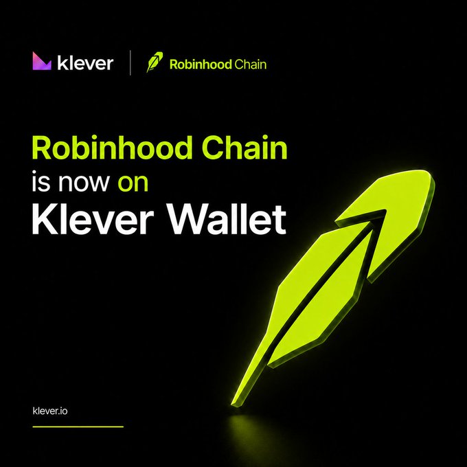 A promotional graphic with the text 'Robinhood Chain is now on Klever Wallet' alongside a glowing green feather logo and 'klever.io' website.