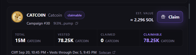 A dashboard interface showing a "CATCOIN" token claim with an estimated value of approximately 2.296 SOL, 78.25K vested CATCOIN claimable, for Campaign #30.