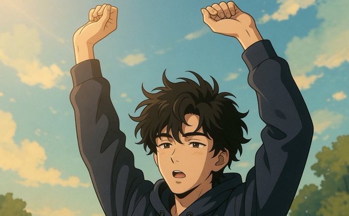 An anime-style illustration of a young man with tousled dark hair raising both fists triumphantly against a partly cloudy sky, conveying motivation and determination that complements the post's uplifting message of gratitude and optimism about NomismaNetwork.