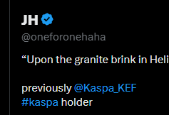 A Twitter profile screenshot for JH (@oneforonehaha) displays the bio: "Upon the granite brink in Hell," noting he was "previously @Kaspa_KEF #kaspa holder," suggesting he once supported the Kaspa cryptocurrency before leaving the community.