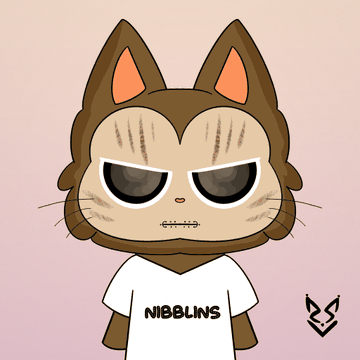 A cartoon cat character with brown and tan fur, wearing a white t-shirt labeled 'NIBBLINS,' with a stitched mouth and sleepy eyes.