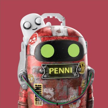 A 3D illustration of a rusty red robot with glowing green eyes and the name 'PENNI' on its chest, carrying a small white robot on its shoulder, against a solid red background.