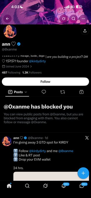 The image shows a Twitter/X profile for "@0xanme" displaying that the user has blocked the viewer, with a pinned tweet promoting a giveaway for "3 GTD spot for KIRDY" that requires following @kirdydirty, liking/RTing the post, and dropping an EVM wallet — classic hallmarks of the crypto scam referenced in the accompanying post.