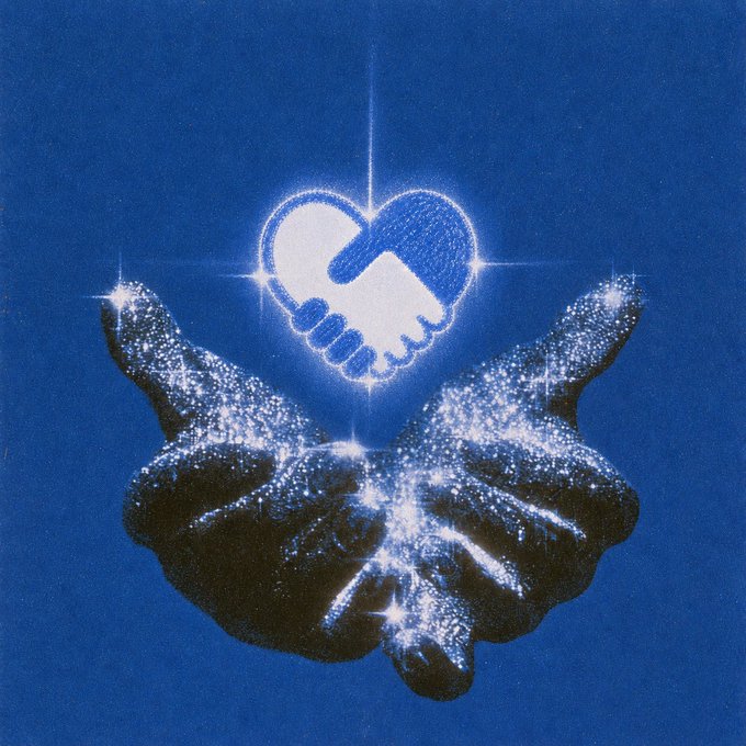 A stylized digital artwork featuring two hands shaped like a heart with a glowing handshake silhouette in the center, set against a deep blue background with sparkling light effects.
