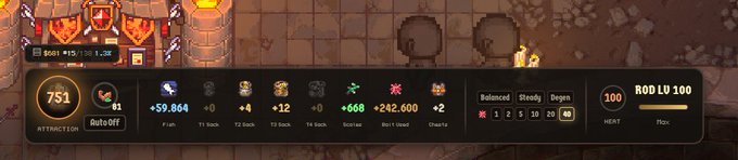 A video game interface displays stats including '751' ATTRACTION, weapon components, and 'ROD LV 100' at MAX.