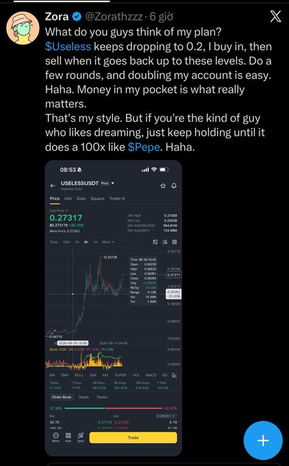 A tweet by Zora (@Zorathzzz) discussing a cryptocurrency trading strategy involving $Useless and $Pepe, accompanied by a screenshot of a trading chart showing the price of USELESS/USDT.