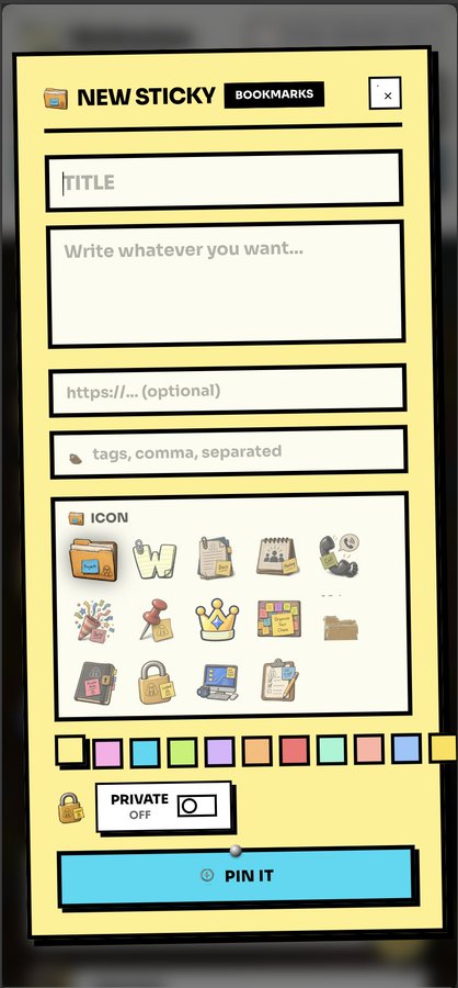 A screenshot of a "NEW STICKY" bookmark creation window featuring fields for a title, note content, optional URL, tags, an icon selector grid, color palette, and a "PIN IT" button, with the context suggesting the user is drafting a note related to Sui Network and Walrus Protocol.