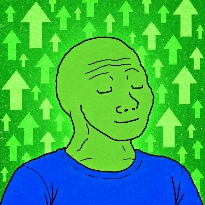 A stylized cartoon drawing shows a serene, smiling bald character in a blue shirt, set against a green background filled with upward-pointing arrows.