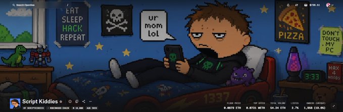 A pixel art banner for a YouTube channel called 'Script Kiddies' showing a character lying in bed on a phone, with posters reading 'EAT SLEEP HACK REPEAT', 'ur mom lol', 'PIZZA', 'DON'T TOUCH MY PC', and stats showing 0.0075 ETH, 0.0722 WETH, $4.34 ETH, and 1,568 (19.0%).