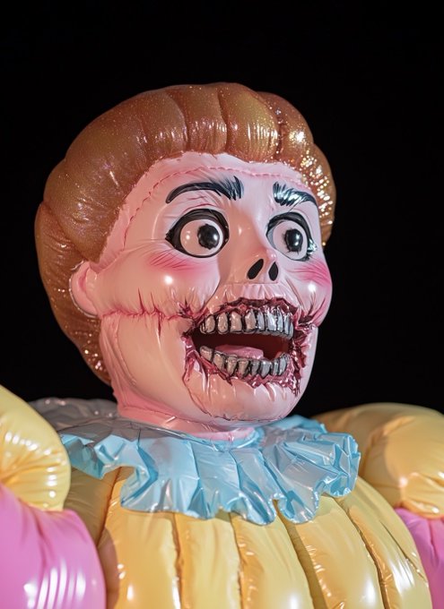 A close-up of an inflatable clown figure with a grotesque, toothy grin, cracked face paint, and reddish hair against a dark background.