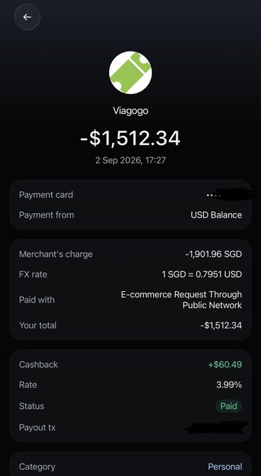 A dark-themed mobile app transaction screen showing a charge from Viagogo for -$1,512.34 dated 2 Sep 2026, with a cashback of +$60.49 and status marked as 'Paid'.