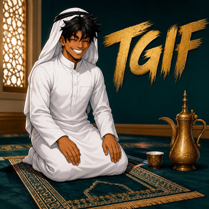 An anime-style illustration of a smiling man in traditional Arab attire sitting next to an ornate golden coffee pot, with 'TGIF' written in gold brushstrokes.
