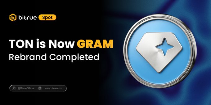 The image features a banner for a cryptocurrency called Toncoin, which has been successfully rebranded with Gram as its new name. The text "Ton is now Gram" is displayed above the image, indicating that the rebranding process has been completed. The image also includes a small blue diamond icon and a gold star, representing the new name of the cryptocurrency. The post mentions that deposits and withdrawals are now available in Gram, and more details about this change can be found on the Bitrue website at bitruemiddle.com/hc/en-001/arti.