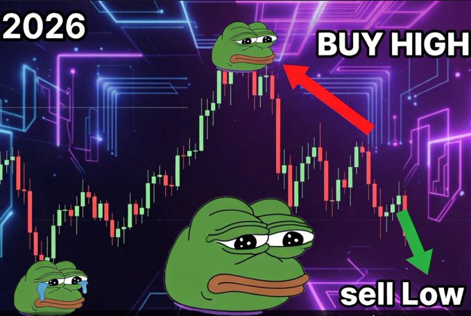 This is a meme that features a sad-looking green frog with big eyes sitting atop a line graph, which has two lines going up from left to right representing the number of shares of stockbrokers have over time. In addition to the stockbroker images, there are three smaller stockbroker images positioned below the line graph at various heights. The image is accompanied by a caption that states "The NEW way of #crypto 2026".