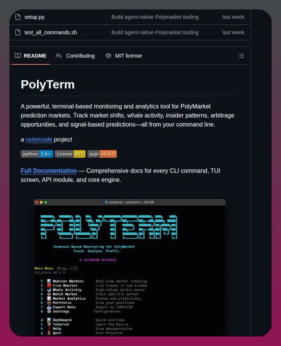The image shows a GitHub repository README for "PolyTerm" (v0.6.2), a terminal-based monitoring and analytics tool for PolyMarket prediction markets, featuring Python 3.8+ and MIT license badges, along with a screenshot of the main menu displaying monitoring options like Live Monitor, Whale Activity, and Match Market. This directly corresponds to the post about terminal-based PolyMarket analytics from the nytemode project.