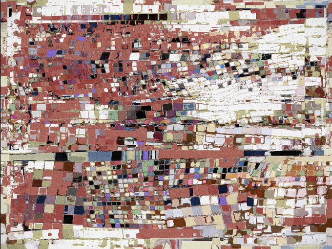 An abstract, mosaic-like artwork featuring a dense composition of fragmented geometric shapes in earthy reds, whites, blacks, and muted multicolored tones, titled "Distance #78" by artist William Anapan. The piece's chaotic, pixelated style evokes a fragmented map or aerial landscape, fitting its commissioned status by LACMA as an important contemporary work.