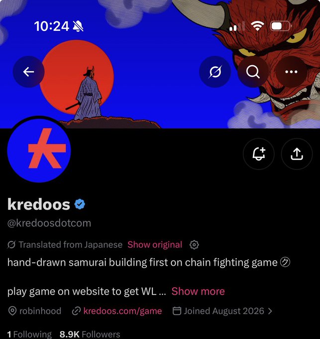A Twitter/X profile for 'kredoos' (@kredoosdotcom) showing 8.9K followers, describing a hand-drawn samurai fighting game with artwork featuring a samurai and red demon mask.