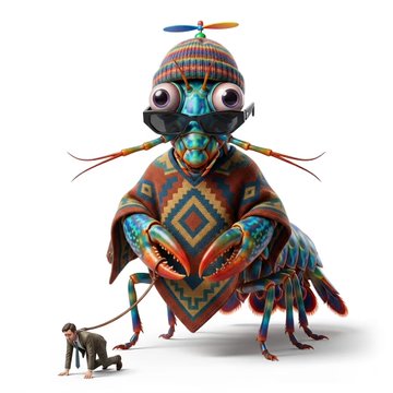 A vibrant, surreal digital illustration of a large, colorful praying mantis wearing a knit cap and sunglasses, with a small person kneeling before it.