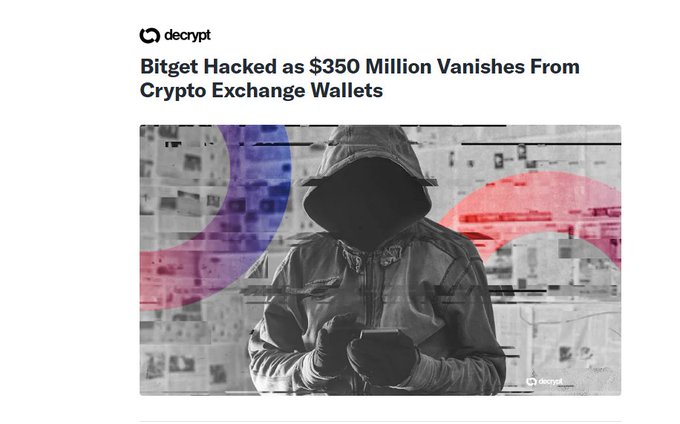 A Decrypt news article headline reading 'Bitget Hacked as $350 Million Vanishes From Crypto Exchange Wallets' featuring an image of a hooded figure using a phone.