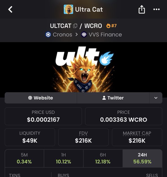 A cryptocurrency tracking app displays details for the 'Ultra Cat' token (ULTCAT/WCRO) on the Cronos network via VVS Finance, showing a price of $0.0002167 USD.