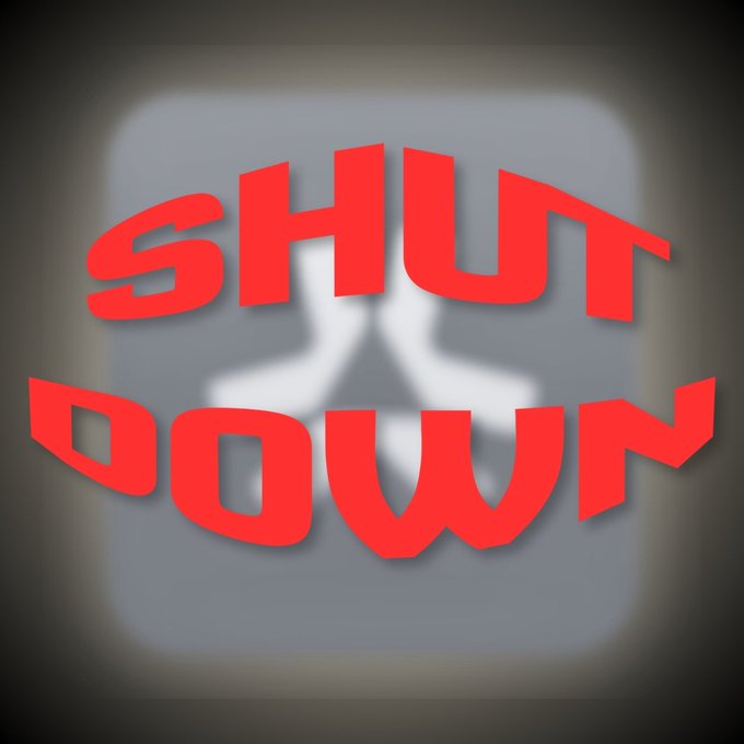 Bold red "SHUT DOWN" text styled in an arched, comic-book font overlaid on a faded gray rounded square logo.