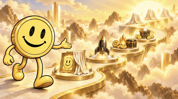 A golden smiley coin mascot walks triumphantly across a golden bridge in a heavenly, cloud-filled landscape lined with treasure chests, rockets, and draped coins — visually mocking the poster's lament about getting scammed out of 20K USD by a BSC "DEV," with the image sarcastically depicting the elusive riches the scammer escaped with rather than what victims received.