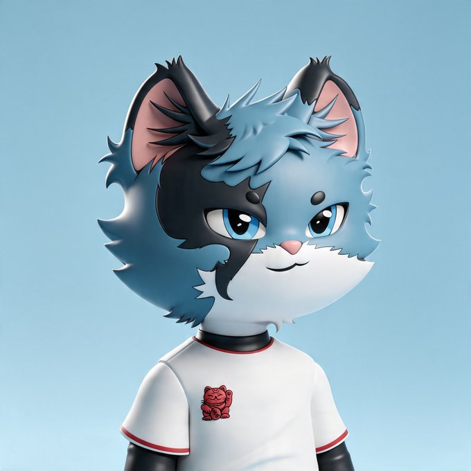 A stylized 3D-rendered anthropomorphic cat character with blue and black fur, large expressive eyes, and a white t-shirt featuring a small red creature design, is shown against a light blue background. The image appears to be the digital collectible #950 from the "Mortals" NFT collection that recently sold for 0.259 ETH.