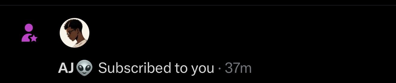 A YouTube notification screenshot shows that user "AJ" (with an alien emoji) has subscribed, posted 37 minutes ago. The image serves as social proof to support the post's message welcoming new subscribers and encouraging them to follow @Web3AJ_ and @missbaddieella1.