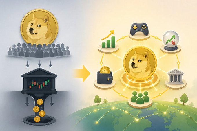 The image shows two different versions of a Dogecoin logo, one being a cartoon doge face and the other as a real-life representation of the coin. The cartoon version has a gold coin with a doge face, while the real-life version features a gold coin with a doge face surrounded by various symbols representing different aspects of the cryptocurrency world such as trading, value, and community engagement. The post highlights the meme aspect of Dogecoin's popularity but also touches on its potential for transitioning to a more traditional economic model or staying in its current form as a digital currency.