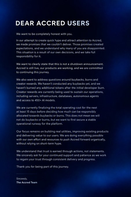 Dark blue announcement letter titled 'DEAR ACCRED USERS' from 'The Accred Team' explaining they are not shutting down, addressing concerns about creator rewards, buybacks, and burn rewards.
