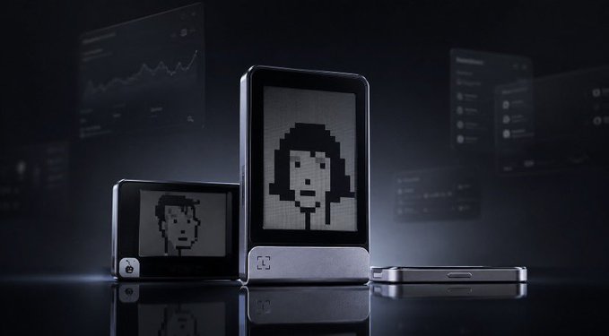 Two small electronic devices with screens displaying pixel-art portraits of faces sit against a dark background with floating data visualizations.