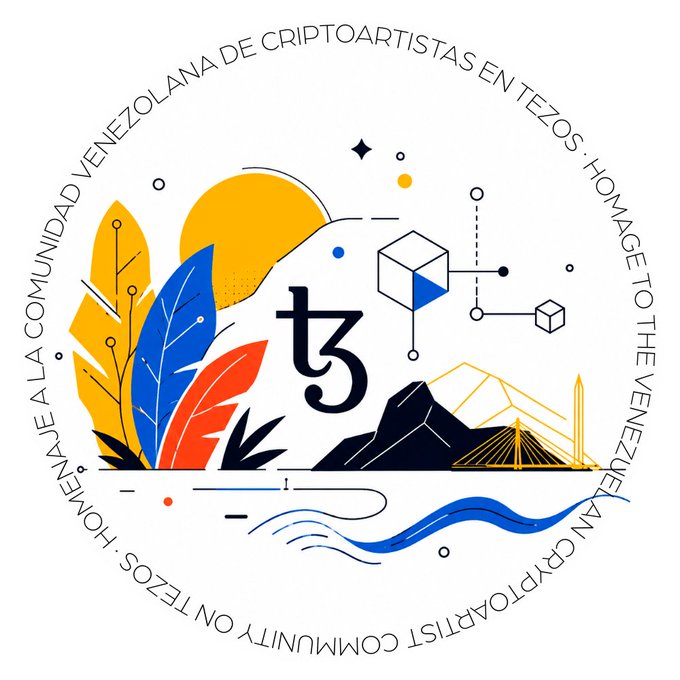 A circular logo reading 'HOMENAJE A LA COMUNIDAD VENEZOLANA DE CRIPTOARTISTAS EN TEZOS · HOMAGE TO THE VENEZUELAN CRYPTOARTIST COMMUNITY ON TEZOS' with colorful Venezuelan flag leaves, mountains, and a Tezos (tz) symbol.