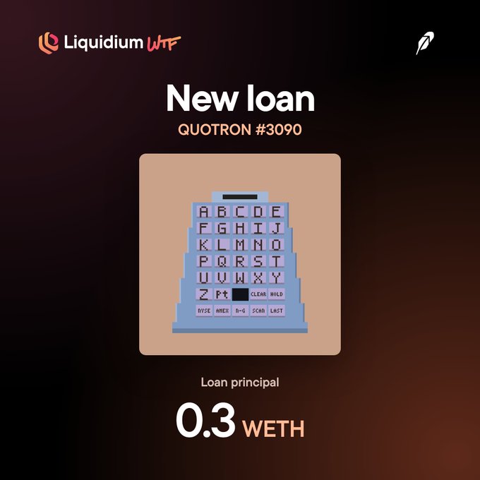 A Liquidium platform notification showing a new loan for QUOTRON #3090 with a loan principal of 0.3 WETH, featuring an illustration of a stepped blue keyboard.
