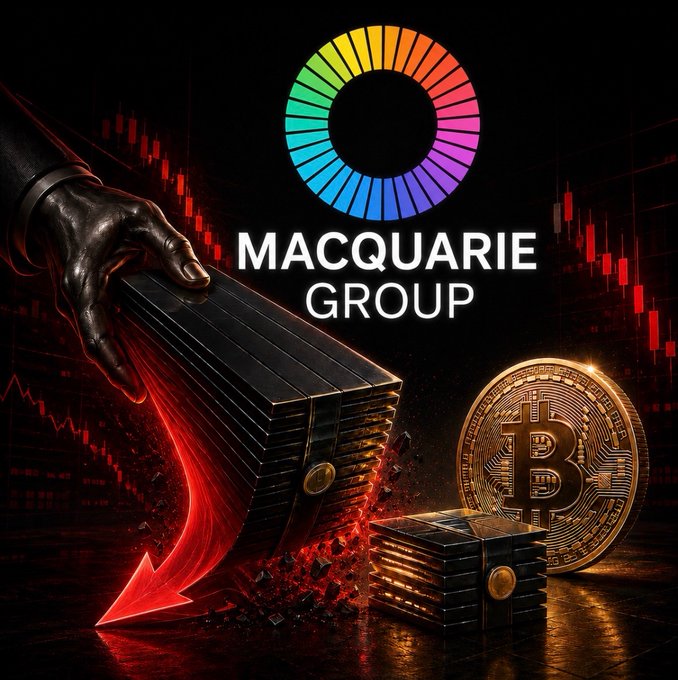 Macquarie Group's logo appears above a dramatic scene showing a hand slicing through gold Bitcoin bars with a red downward arrow, symbolizing the asset manager's 62% cut to its Bitcoin ETF holdings in Q2. The accompanying text confirms the firm still retains $55M in BlackRock's $IBIT despite the significant reduction.