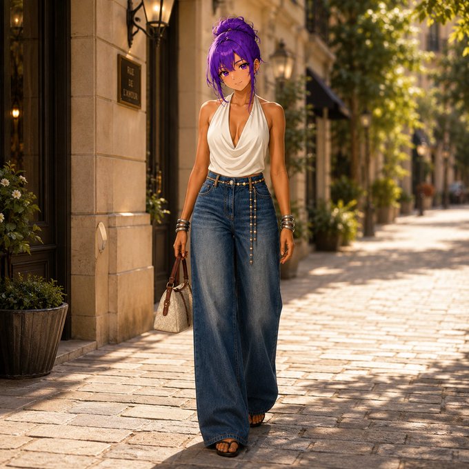 An anime-style illustration of a woman with purple hair wearing a white halter top, wide-leg jeans, and carrying a handbag while standing on a cobblestone street.