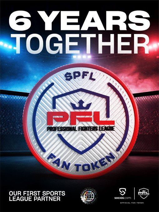 A promotional graphic celebrates “6 YEARS TOGETHER” between the Professional Fighters League (PFL) and Socios.com, centered around a PFL “FAN TOKEN” medallion. It announces PFL as “OUR FIRST SPORTS LEAGUE PARTNER,” marking the October 22, 2020 partnership and six years of fan-token collaboration.